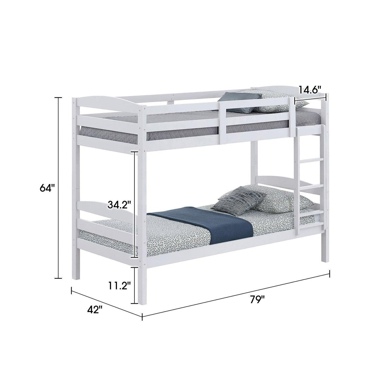 White twin-over-twin bunk bed with ladder, guard rails, and two mattress decks