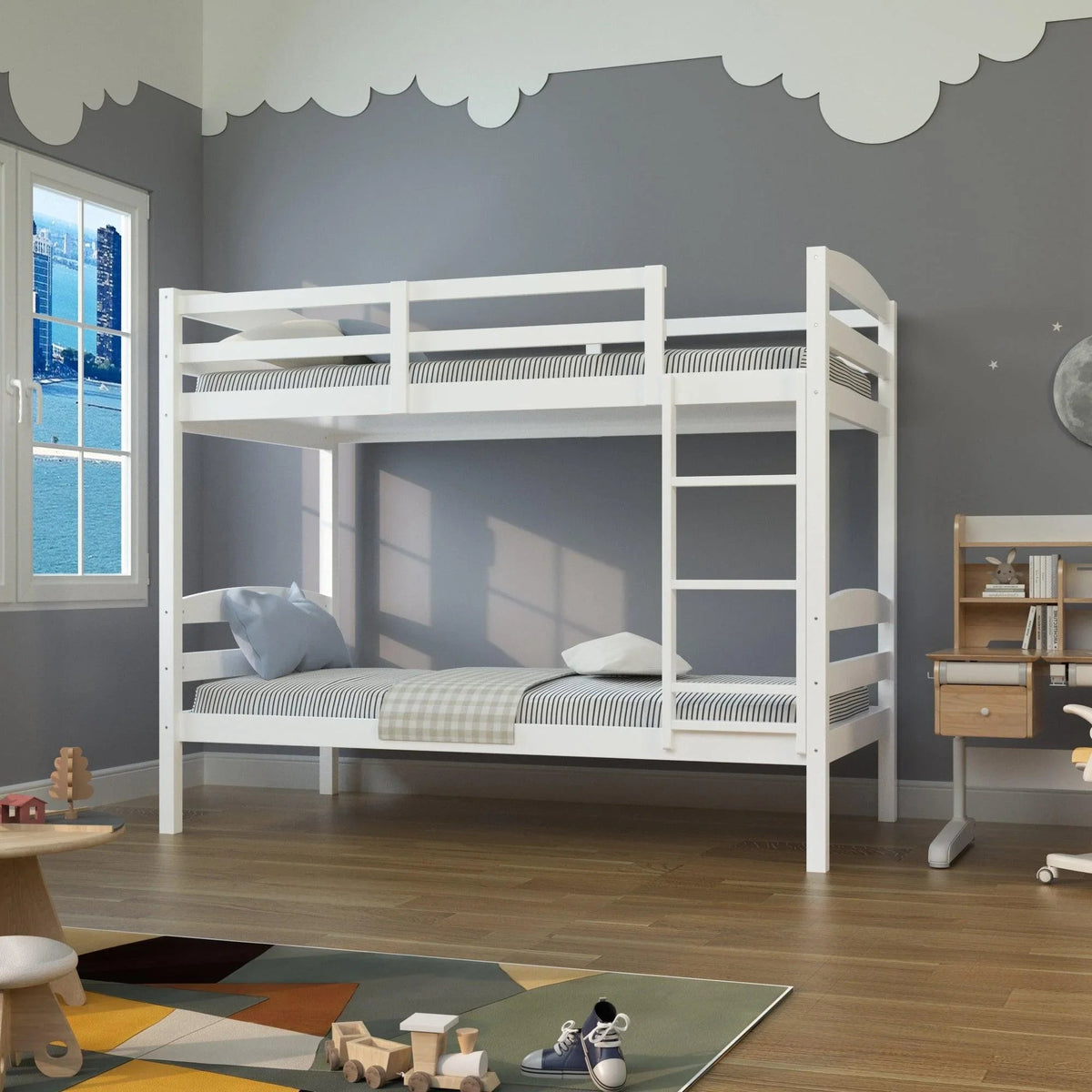 White twin-over-twin bunk bed in a kids room with bedding on both bunks