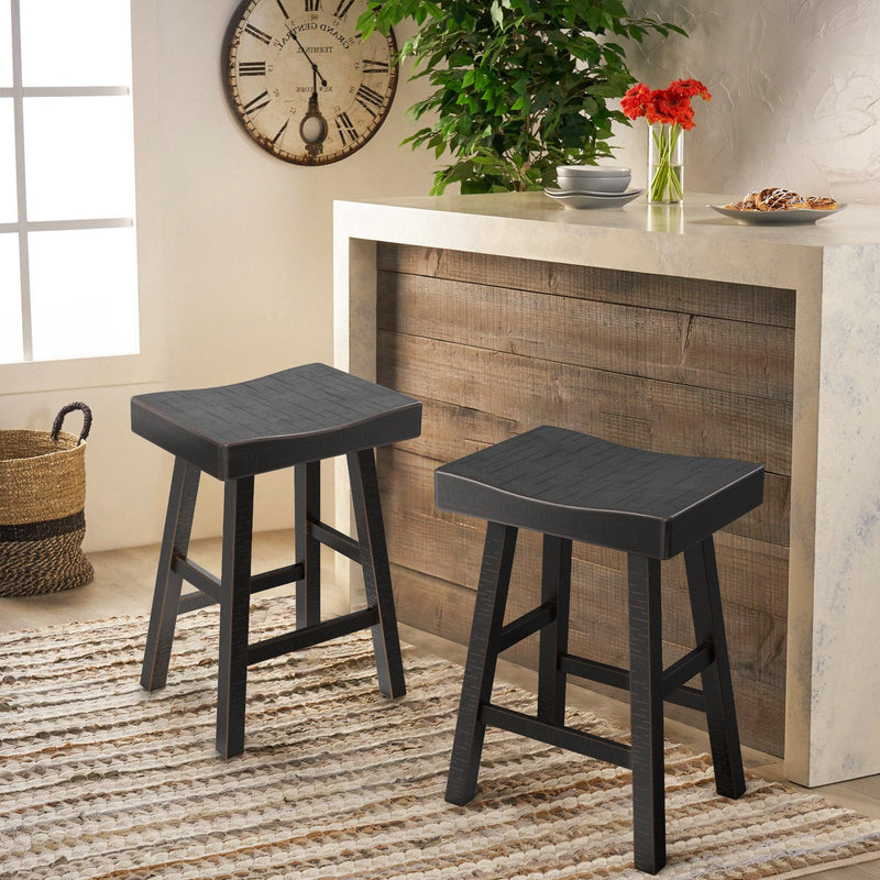 Parrot Uncle Set of 2 Farmhouse Solid Wood Bar Stools - Backless Saddle Seat Counter Height Chairs for Kitchen Island, Breakfast Nook & Home Office