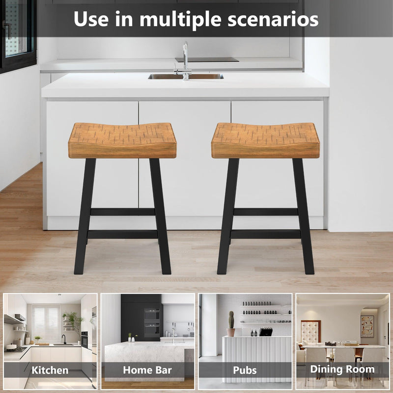 Parrot Uncle Set of 2 Farmhouse Solid Wood Bar Stools - Backless Saddle Seat Counter Height Chairs for Kitchen Island, Breakfast Nook & Home Office