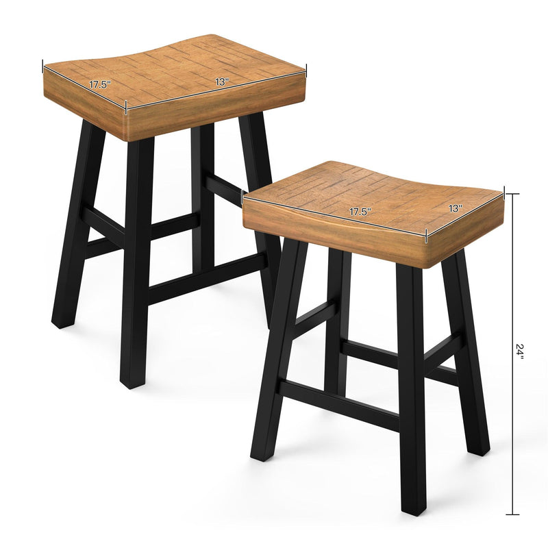 Parrot Uncle Set of 2 Farmhouse Solid Wood Bar Stools - Backless Saddle Seat Counter Height Chairs for Kitchen Island, Breakfast Nook & Home Office