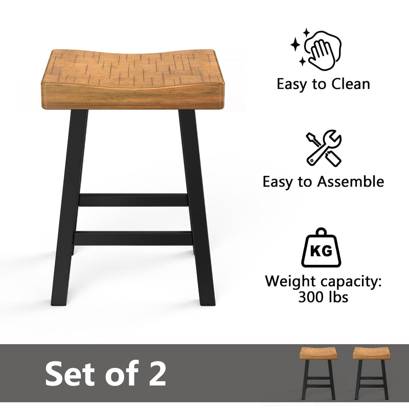 Parrot Uncle Set of 2 Farmhouse Solid Wood Bar Stools - Backless Saddle Seat Counter Height Chairs for Kitchen Island, Breakfast Nook & Home Office