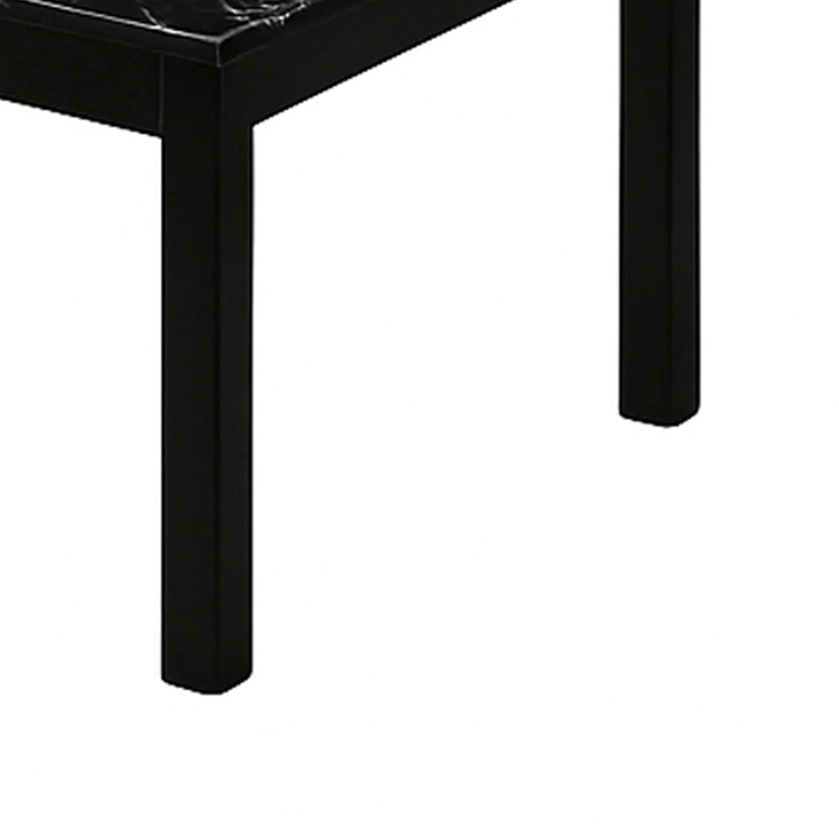Black rectangular coffee table leg and corner detail with faux marble top.