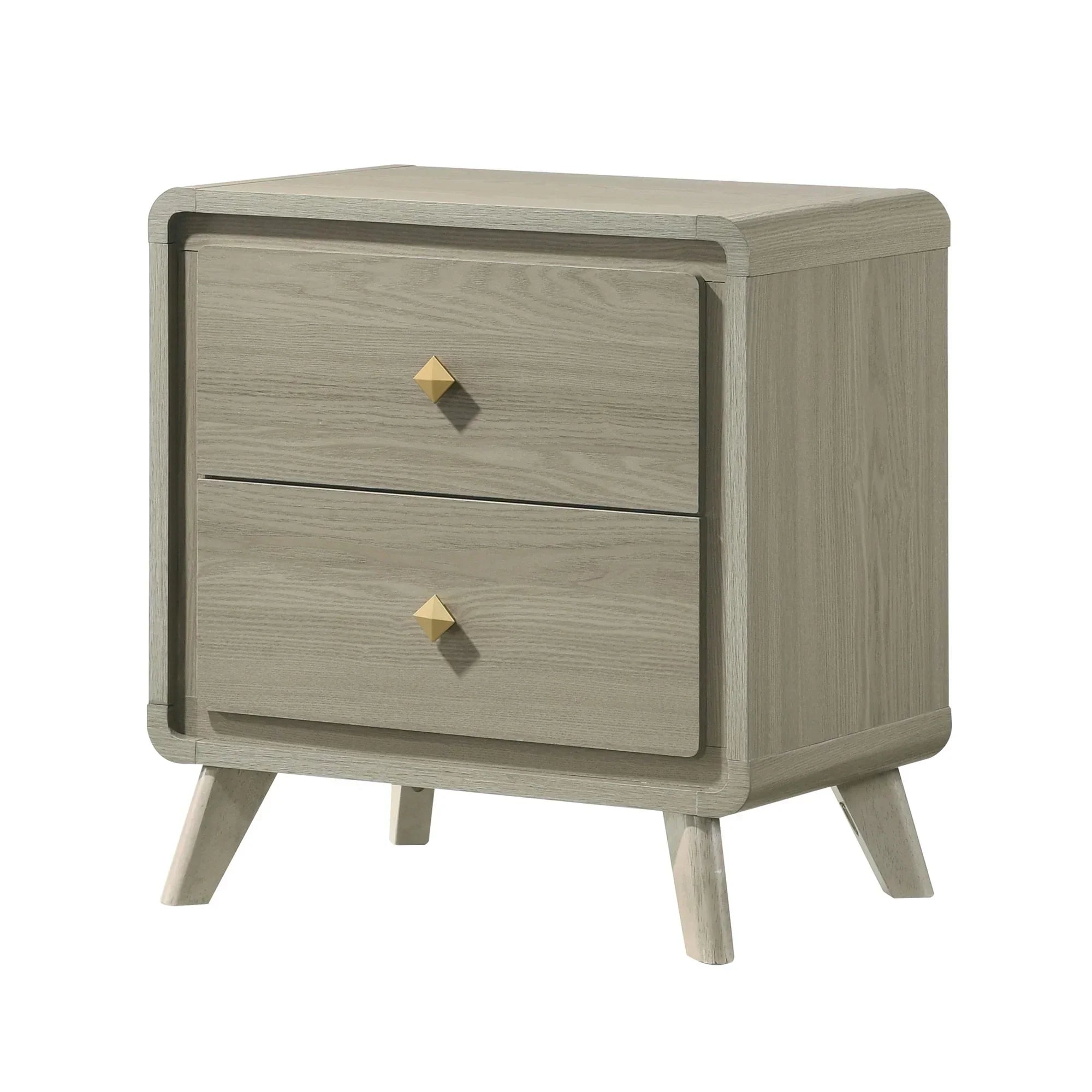 Front view of gray wood 2-drawer nightstand with two gold diamond pulls
