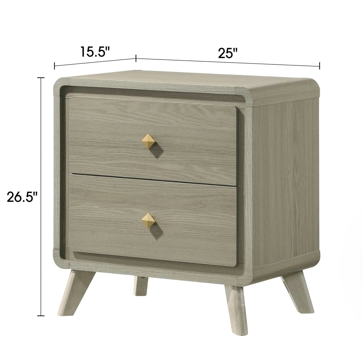 Gray wood 2-drawer nightstand with gold pulls and tapered legs, front view