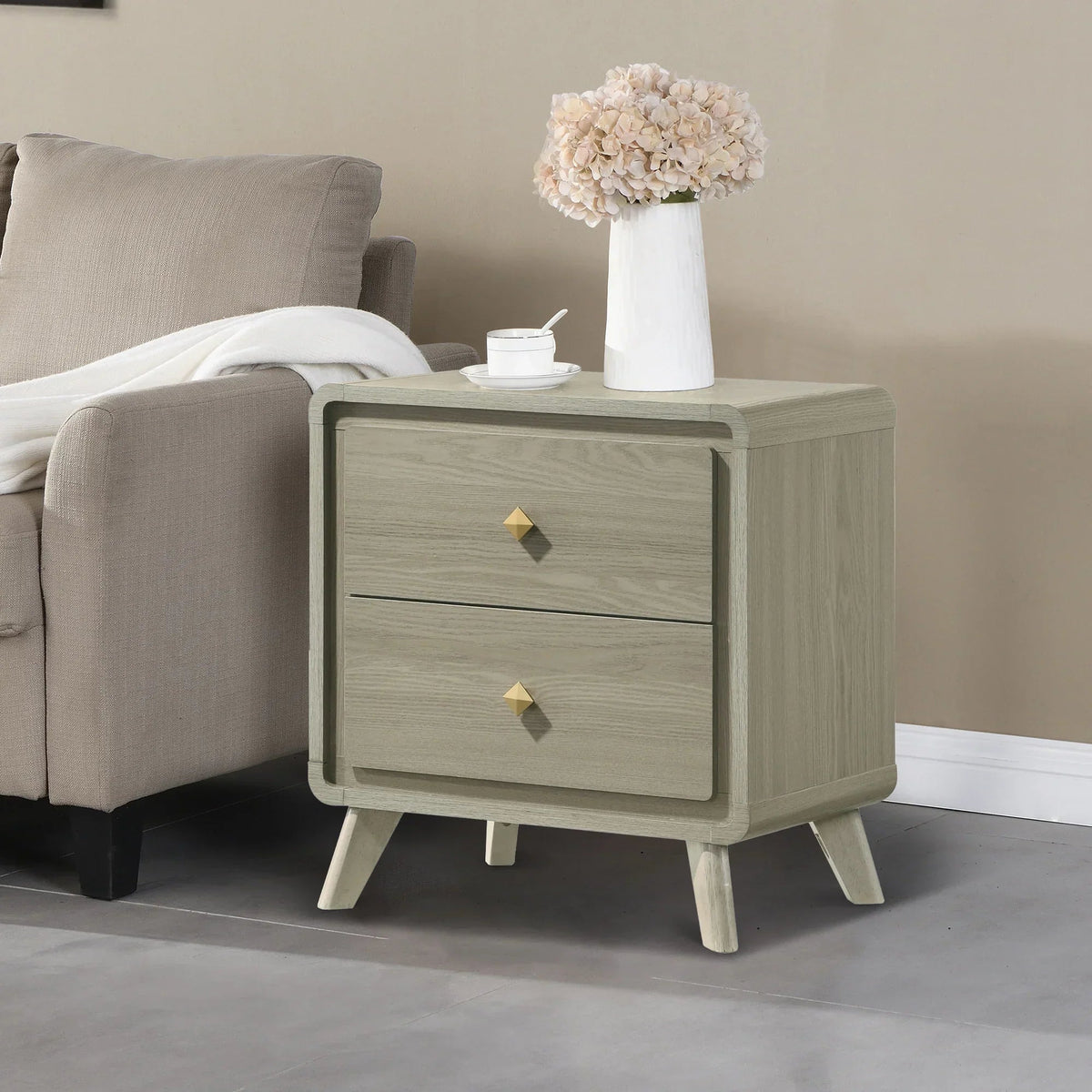 Gray wood 2-drawer nightstand with gold diamond pulls and tapered legs