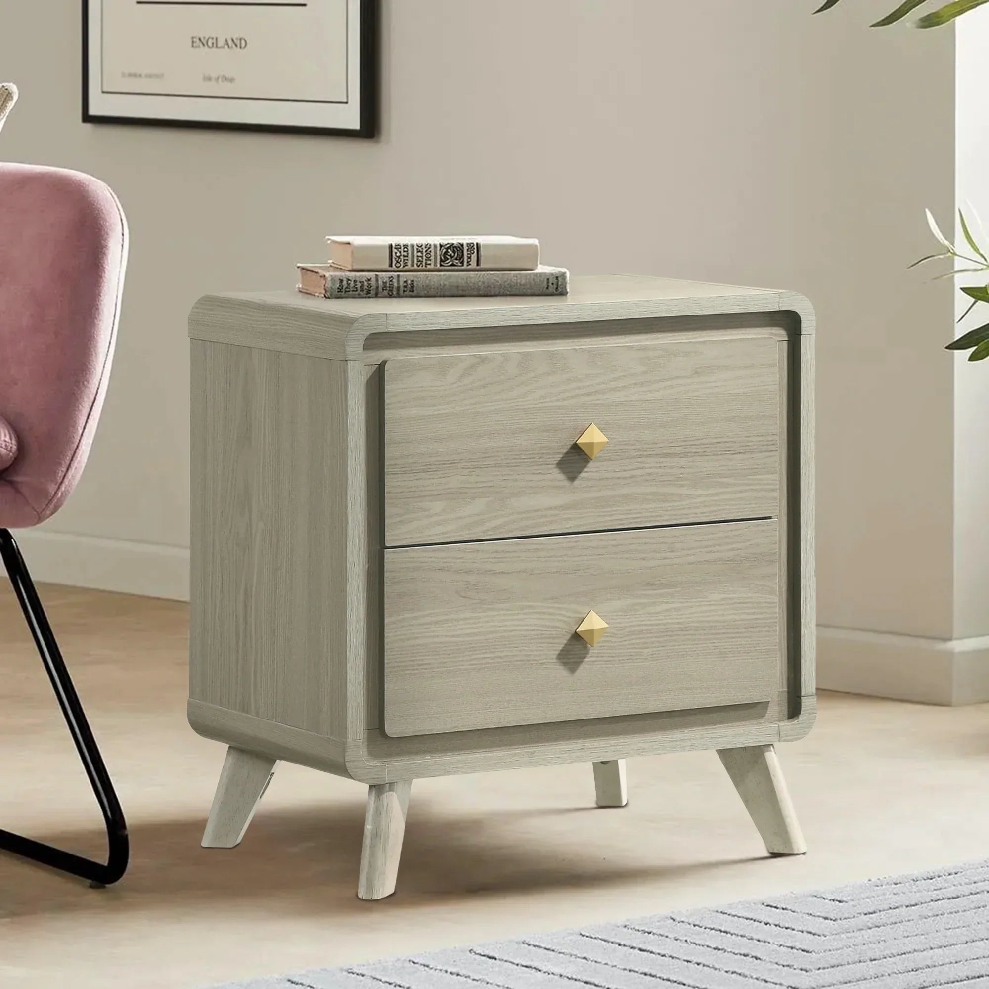 Gray wood nightstand with 2 drawers, gold diamond pulls, and angled tapered legs