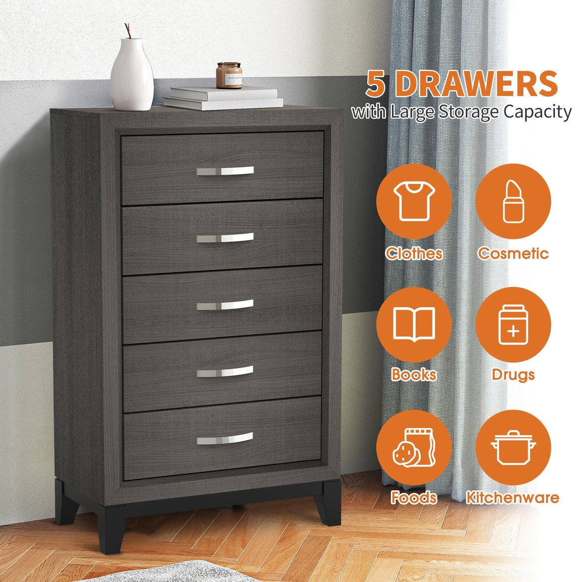 Grey 5-drawer storage chest with metal bar pulls and wooden legs