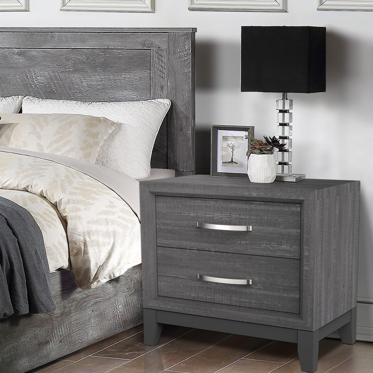 Gray wood nightstand with 2 drawers and modern bar handles