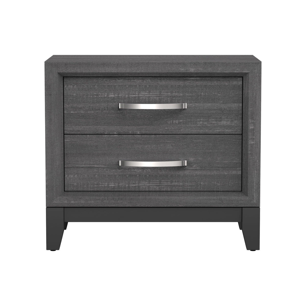Gray modern wood nightstand with two drawers and brushed metal bar handles