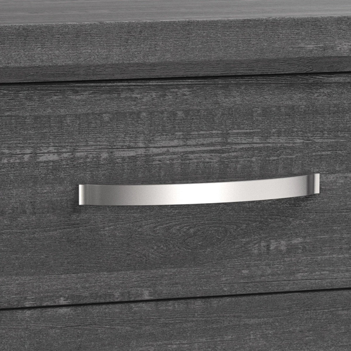 Gray drawer front with brushed metal bar handle and visible wood grain