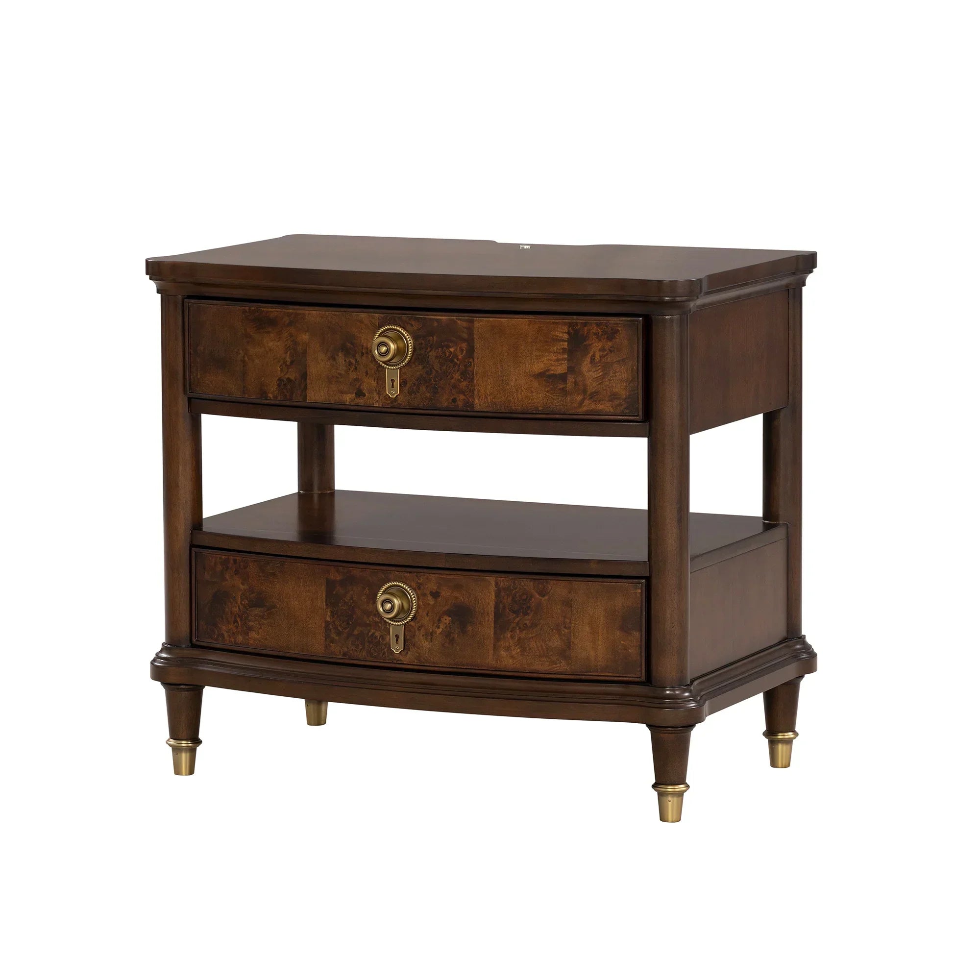 Dark brown French nightstand with two drawers, open middle shelf, and gold hardware