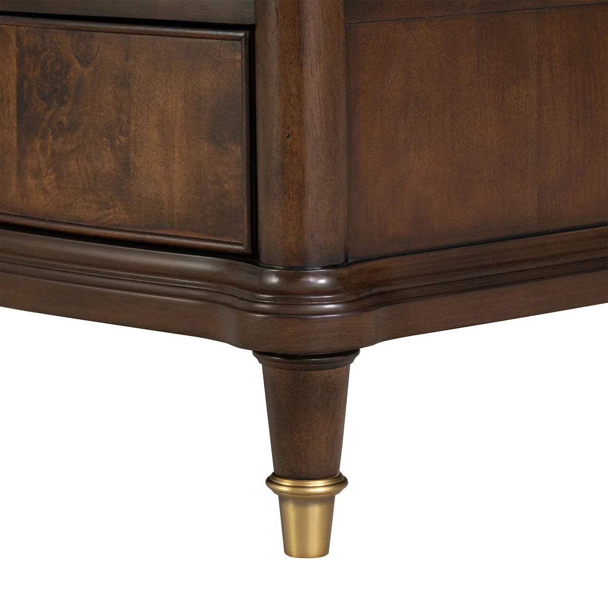 Dark brown French nightstand corner with curved legs and gold accent foot caps