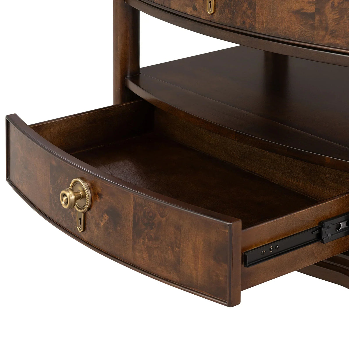 Dark brown French nightstand with open drawer and shelf, gold pulls, and pull-out power strip
