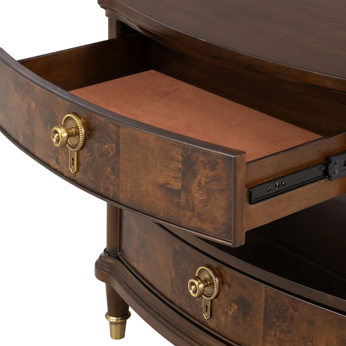 Dark brown French nightstand with open drawer, gold pulls, and built-in power strip
