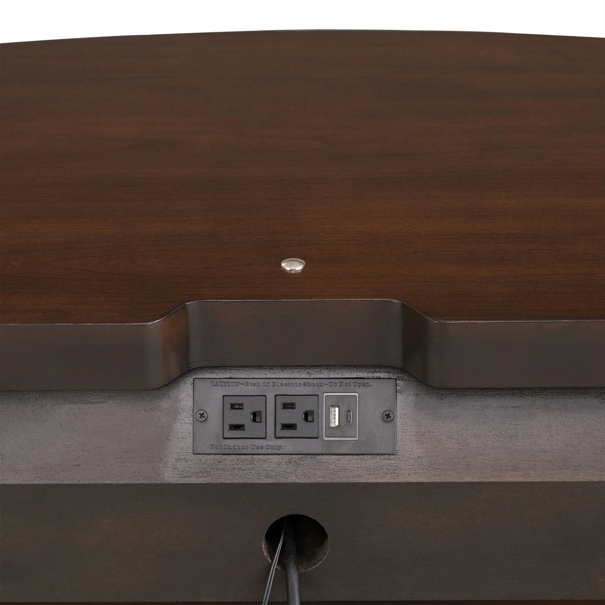 Dark brown nightstand with built-in power outlet panel and toggle switches