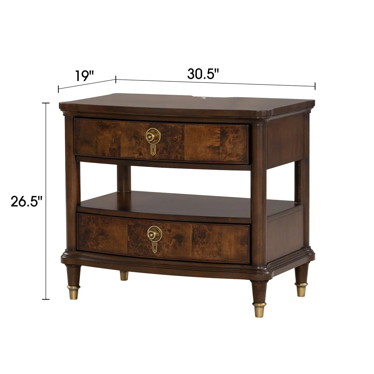 Dark brown French nightstand with two drawers, lower shelf, and gold hardware