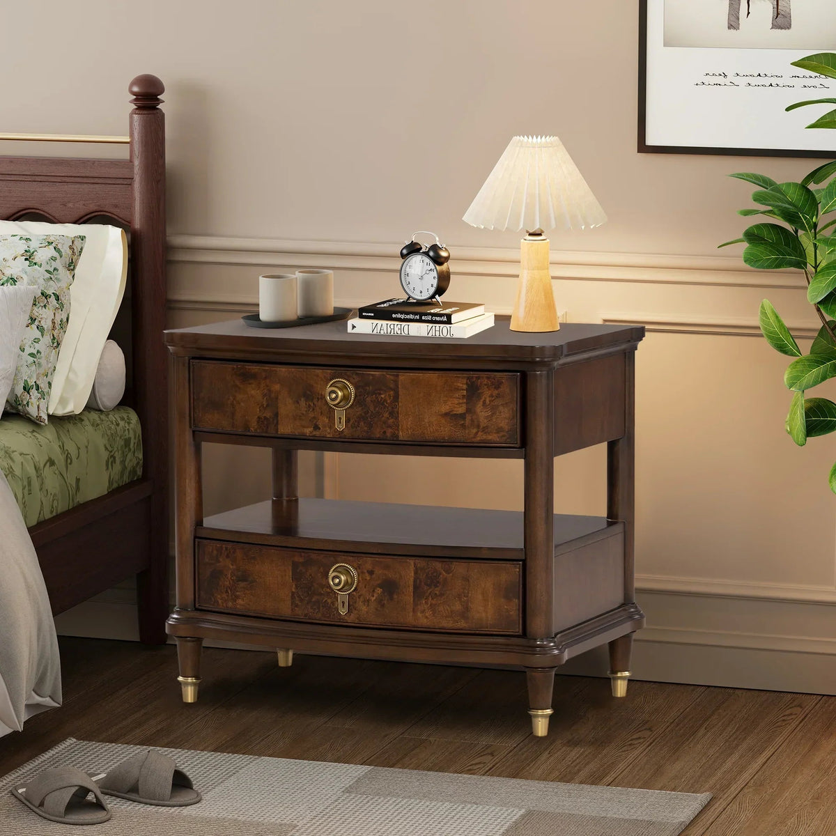 Dark brown French nightstand with two drawers and lower shelf, styled in a bedroom