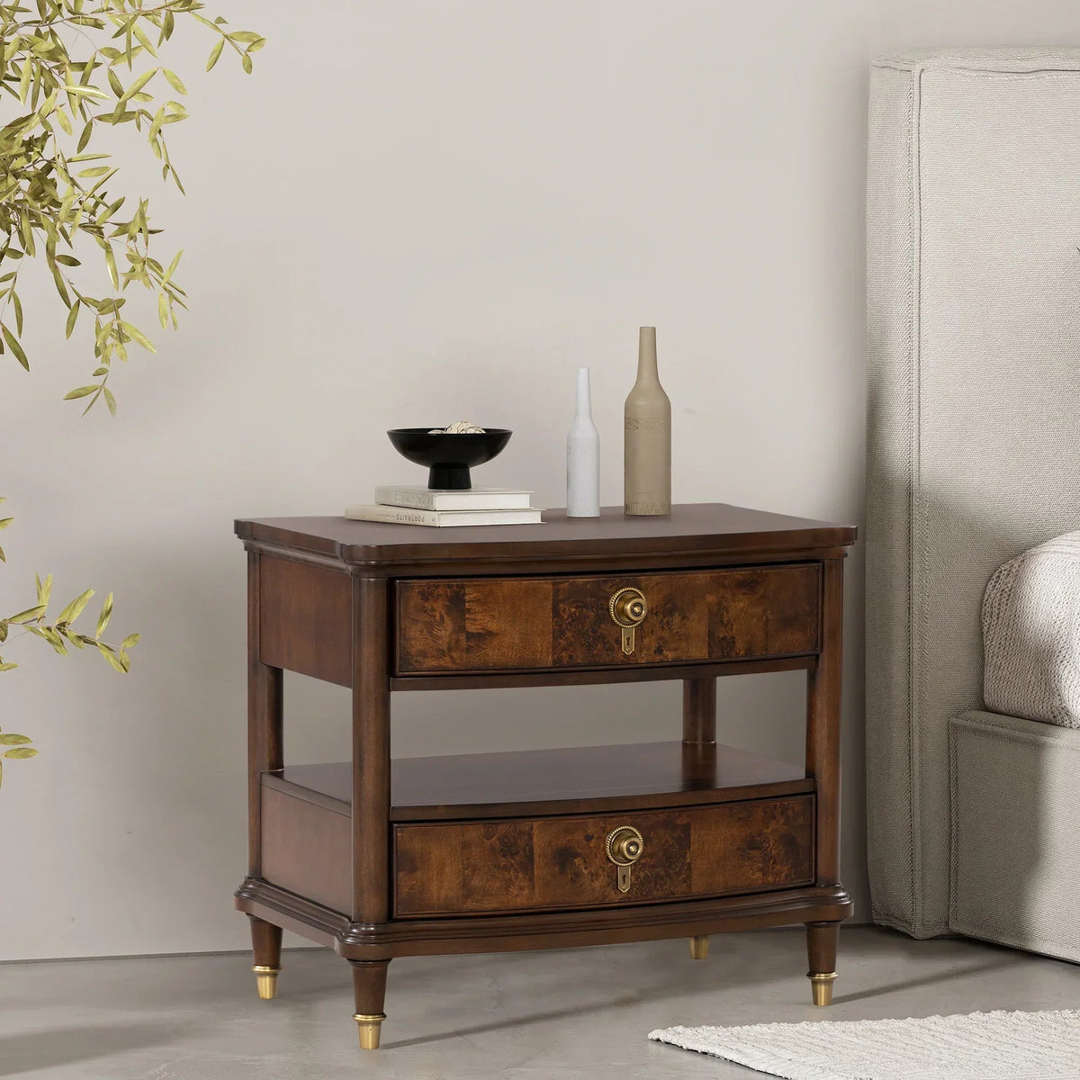 Dark brown French nightstand with two drawers and open shelf, gold handles visible