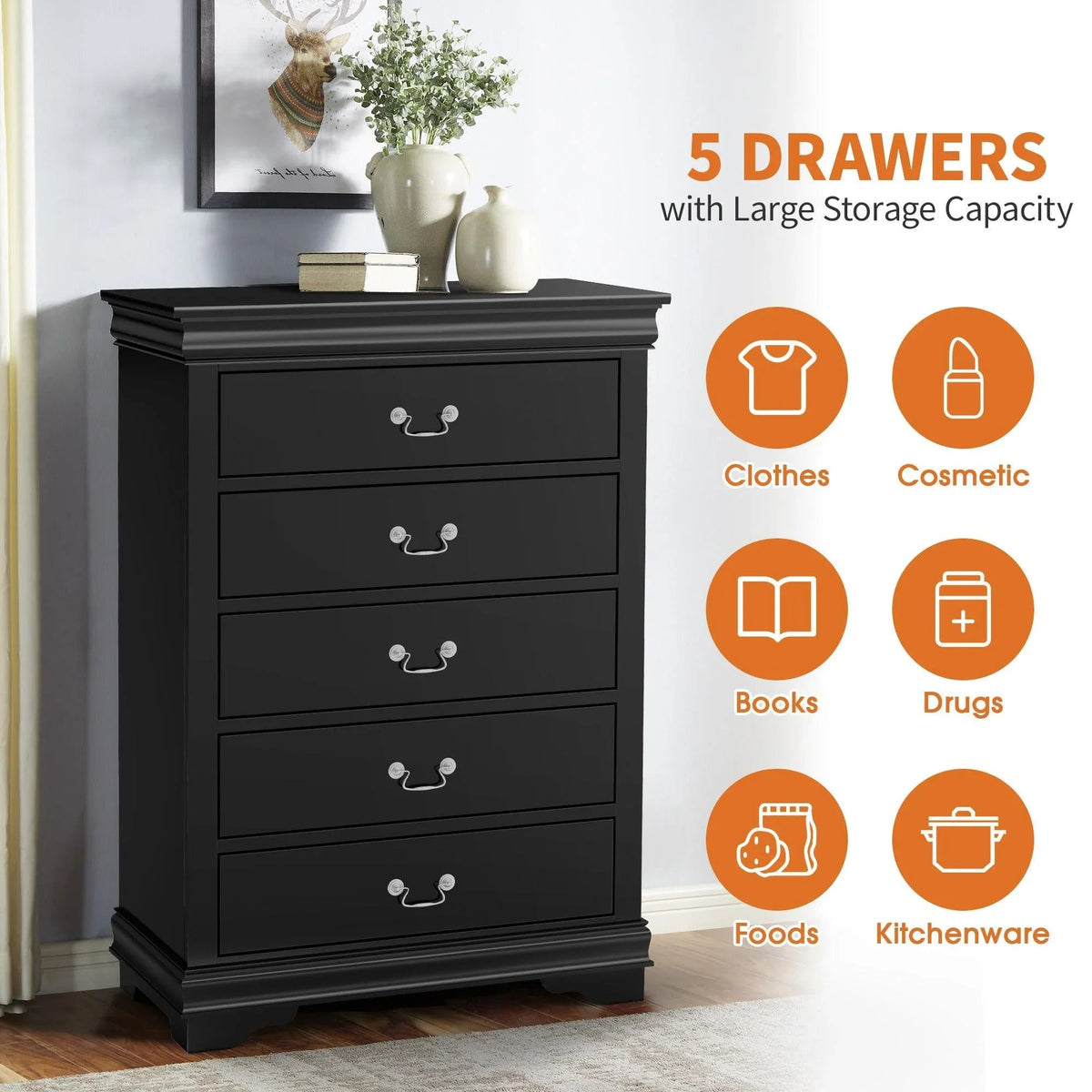 Black 5-drawer chest of drawers with 4 front panels and decorative drawer handles