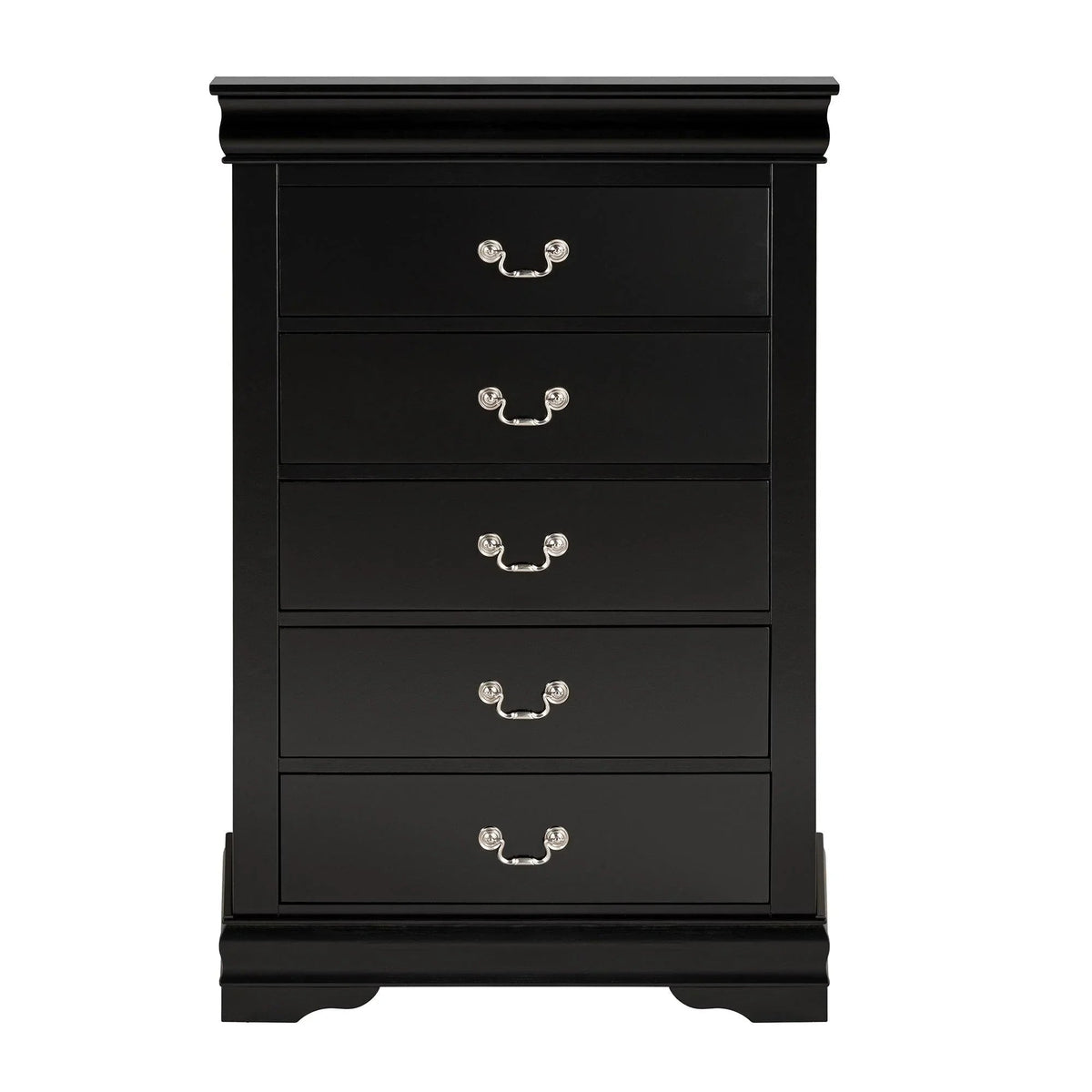 Black 5-drawer chest of drawers with decorative metal pulls and bracket-style base