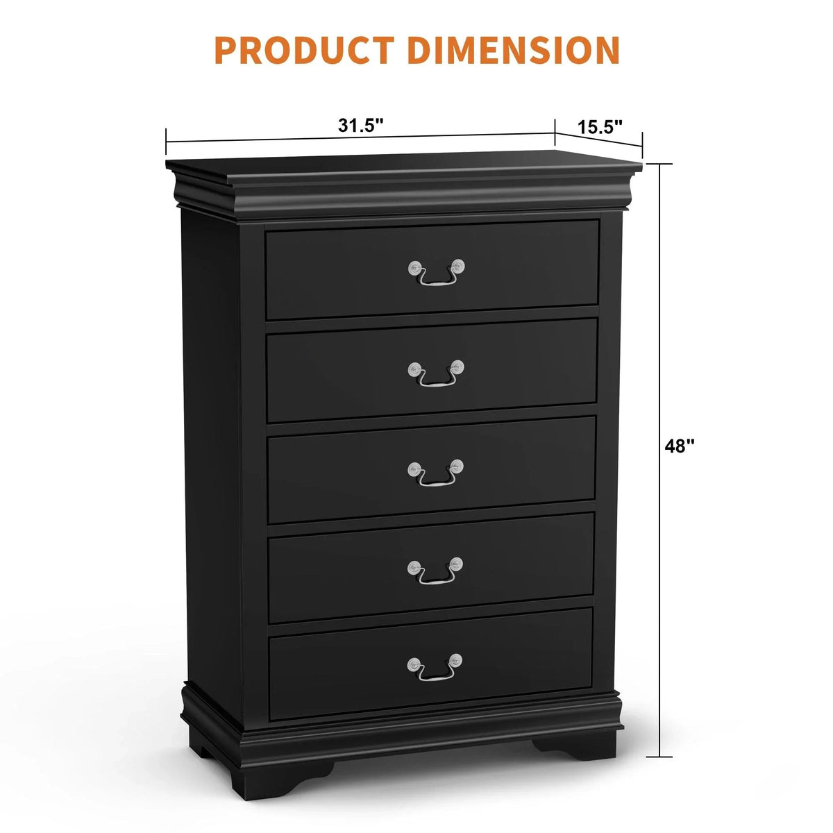 Black 5-drawer chest of drawers, 31.5 in wide and 48 in tall, bracket feet
