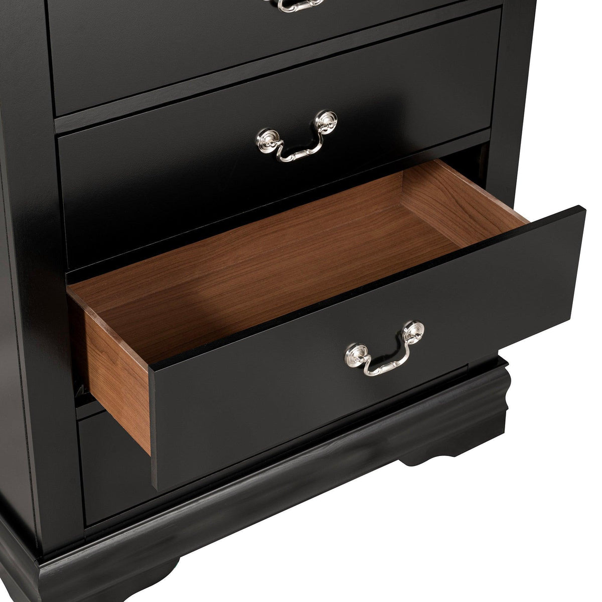 Black 5-drawer chest with open drawer showing wood interior and chrome pull
