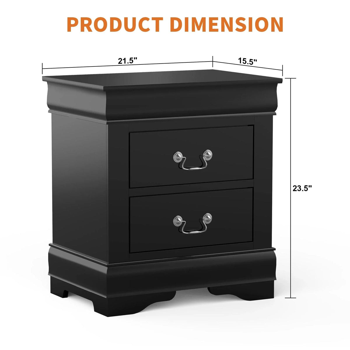 Black night stand with two drawers, curved bracket-style feet, and metal drawer pulls