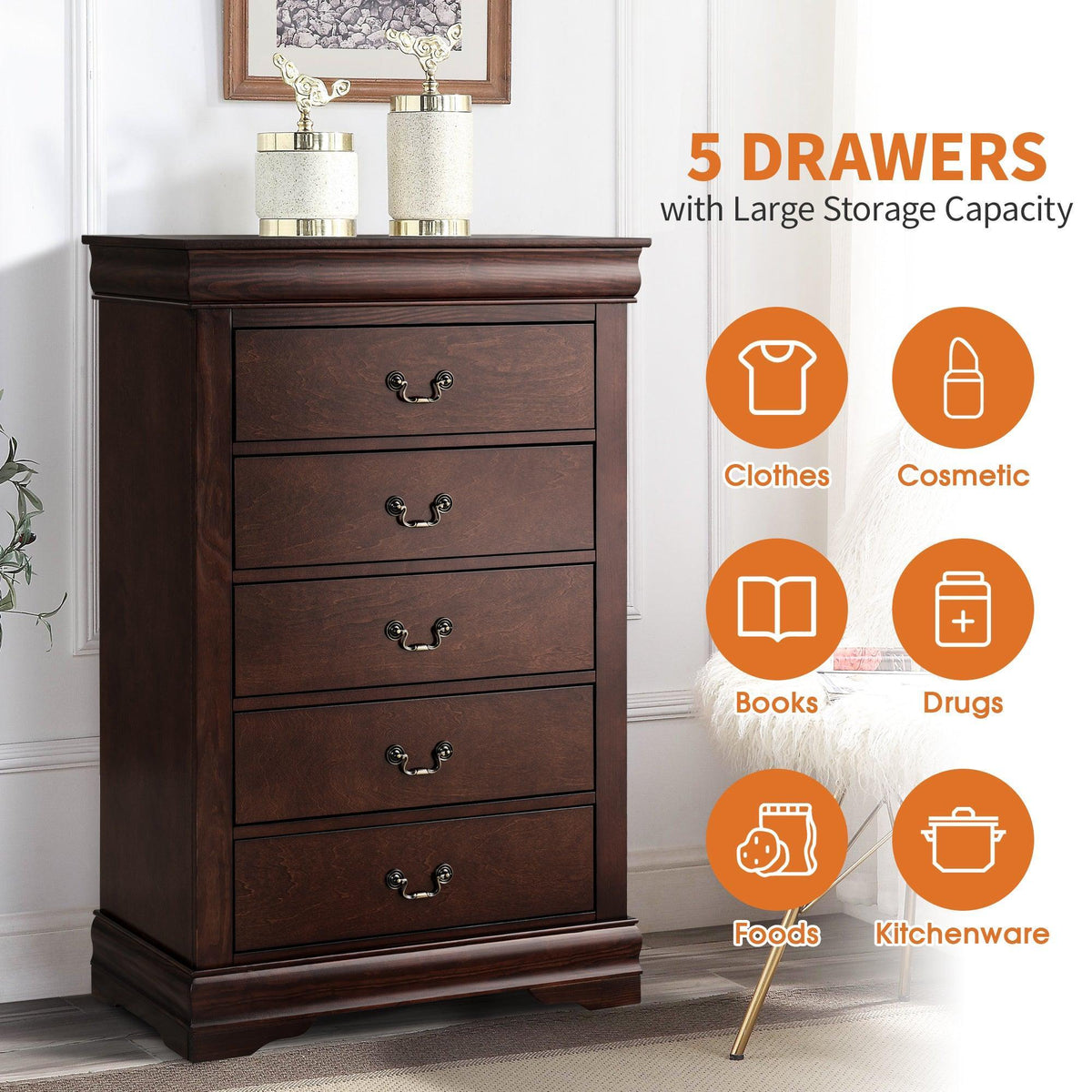 Brown 5-drawer chest of drawers with metal pulls and bracket feet, transitional style