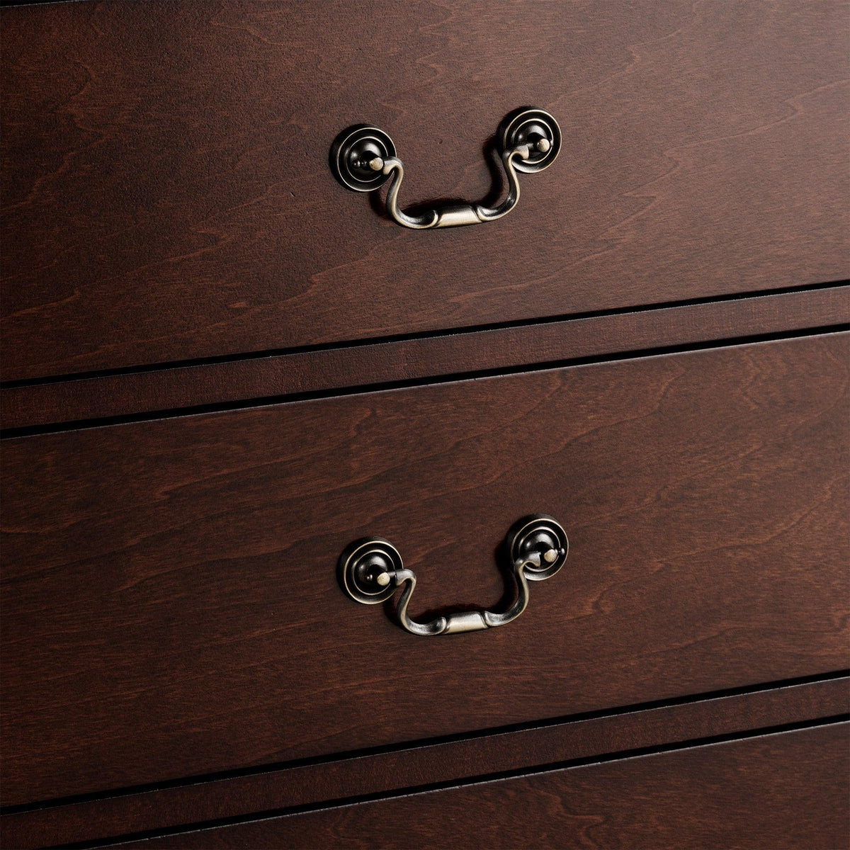 Dark brown chest drawer with silver U-shaped pull hardware
