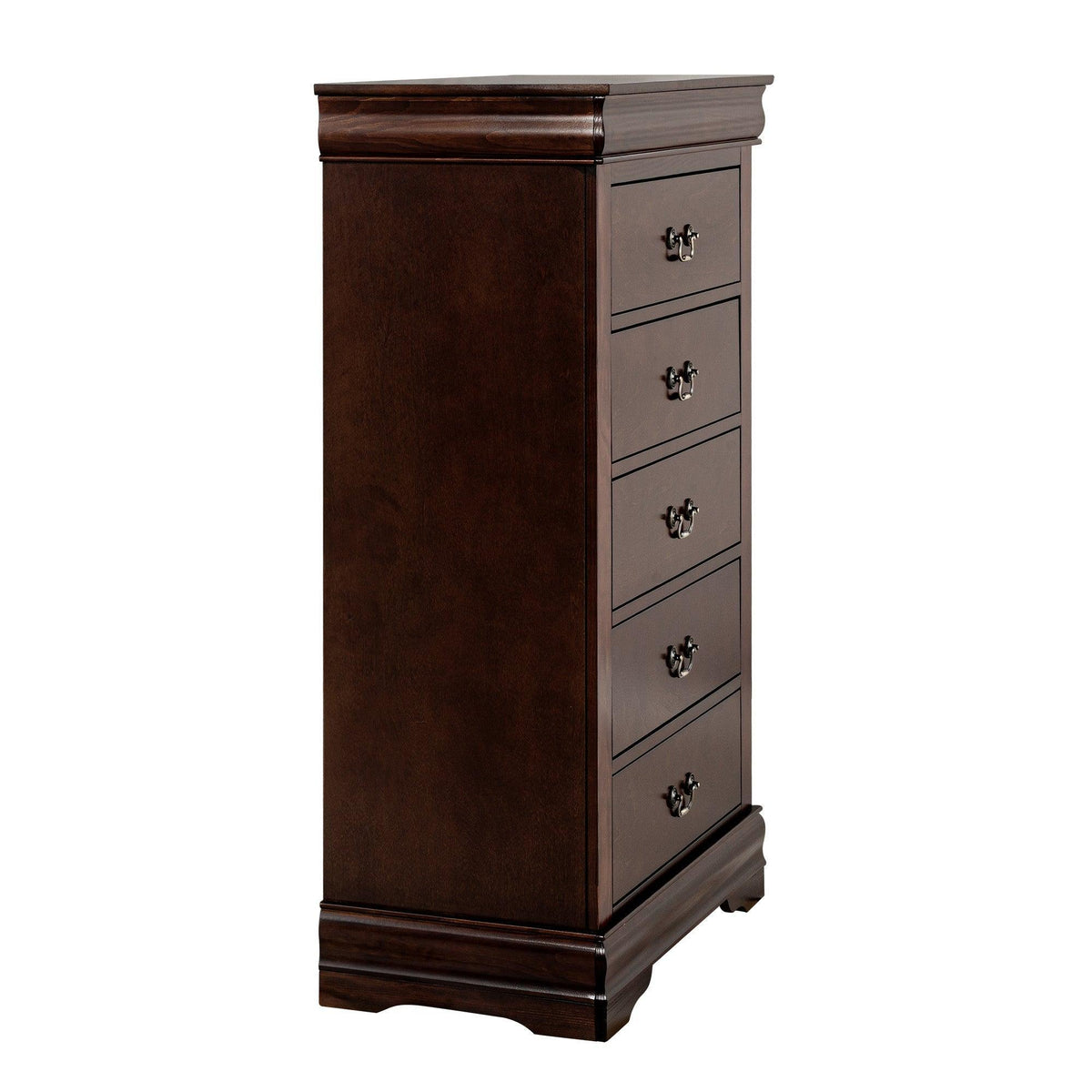 Brown 5-drawer chest of drawers with bracket feet, shown from the side