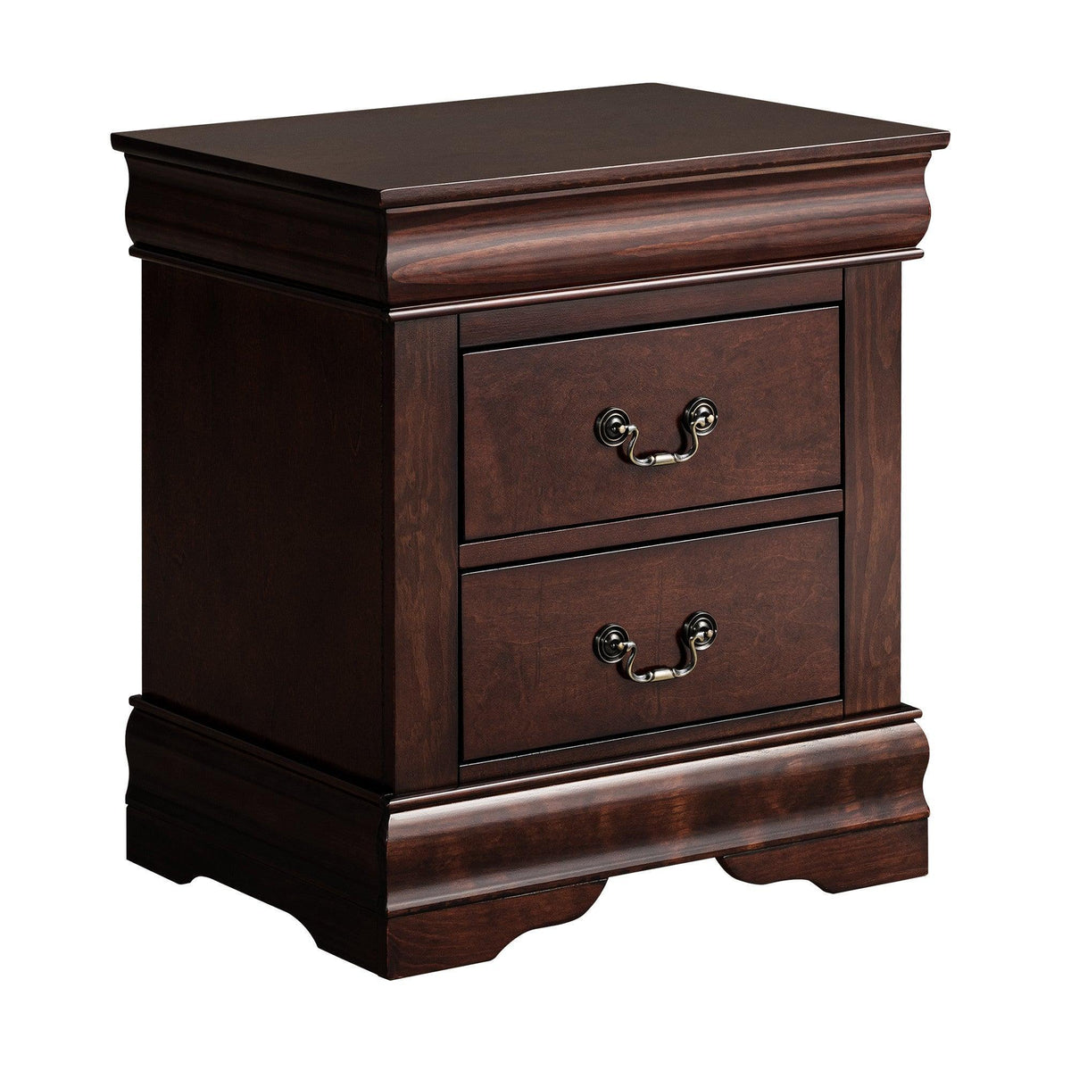 Dark brown two-drawer night stand with curved metal handles and bracket-style base.