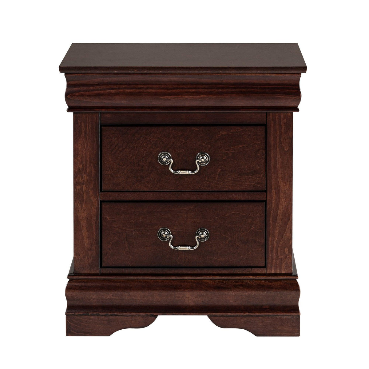 Dark brown two-drawer night stand with curved metal pulls and molded base trim.