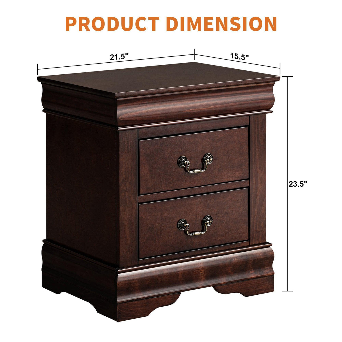 Dark wood nightstand with two drawers and ornate metal pulls; front view