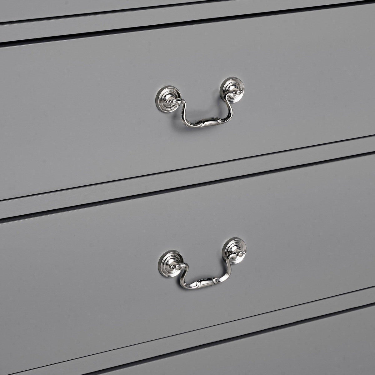 Gray 5-drawer chest with drawer fronts and chrome curved bar pulls