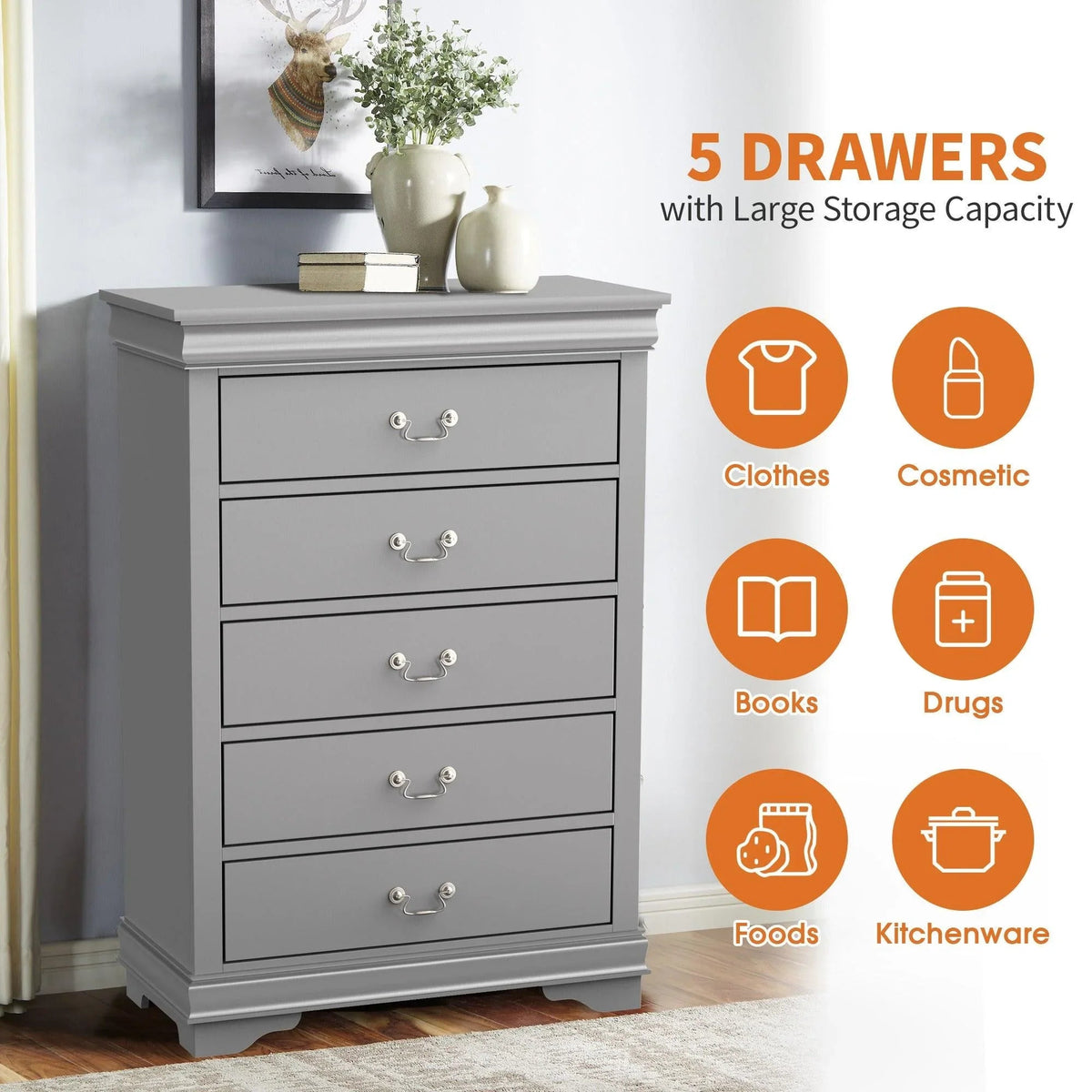Gray 5-drawer chest of drawers with bracket feet and ornate metal drawer pulls