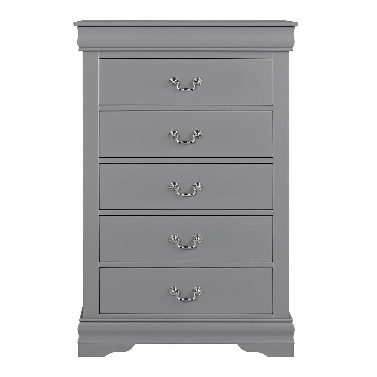 Gray 5-drawer chest of drawers with decorative metal pulls and bracket feet