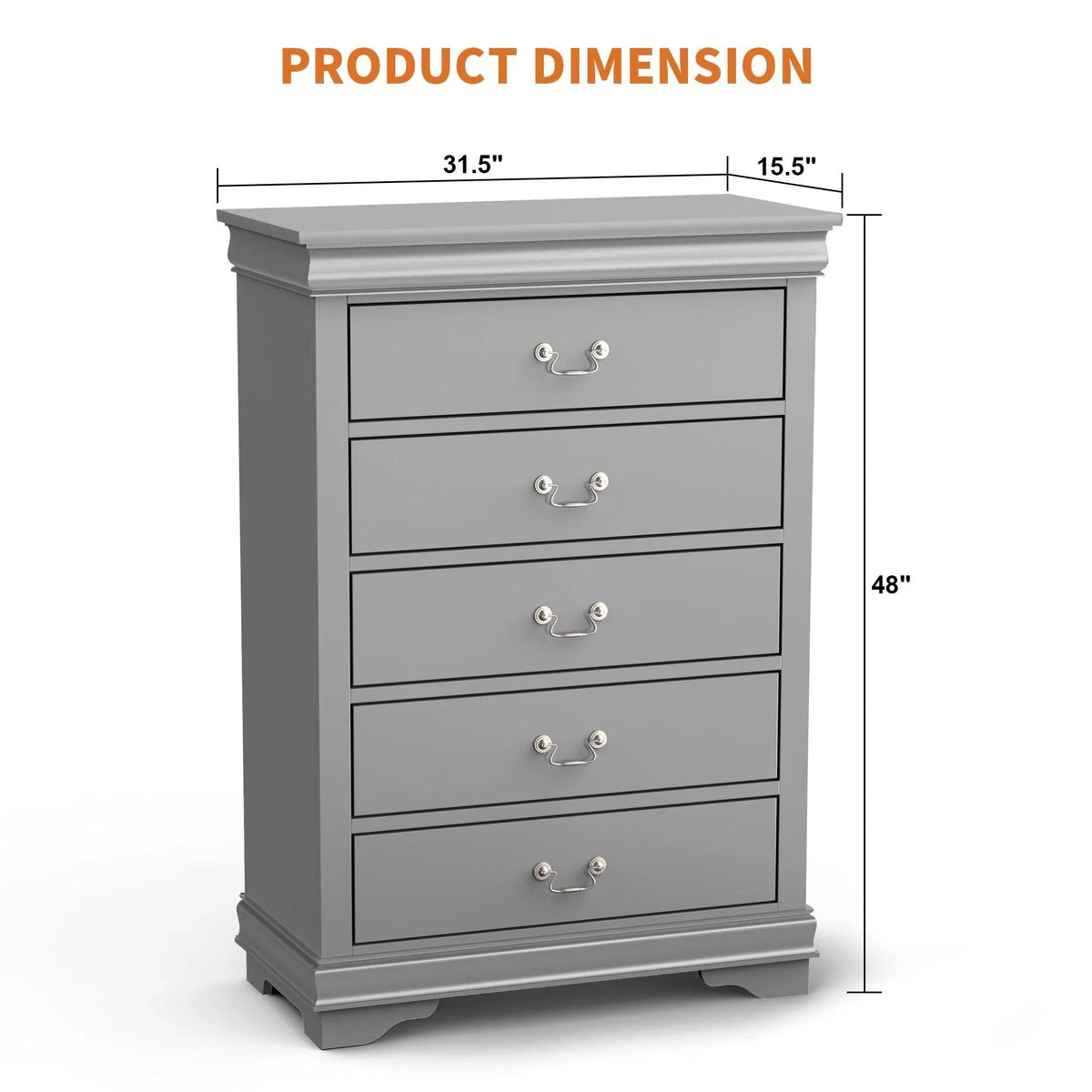 Gray 5-drawer chest of drawers, front view with drawer-pull details and height marks