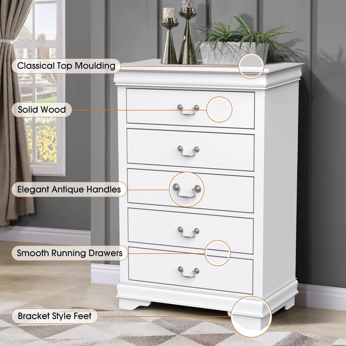 White 5-drawer chest of drawers with bracket feet, classic top molding, and metal pulls