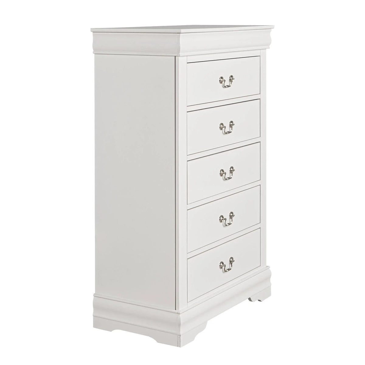 White 5-drawer chest with silver knob pulls and bracket-style feet
