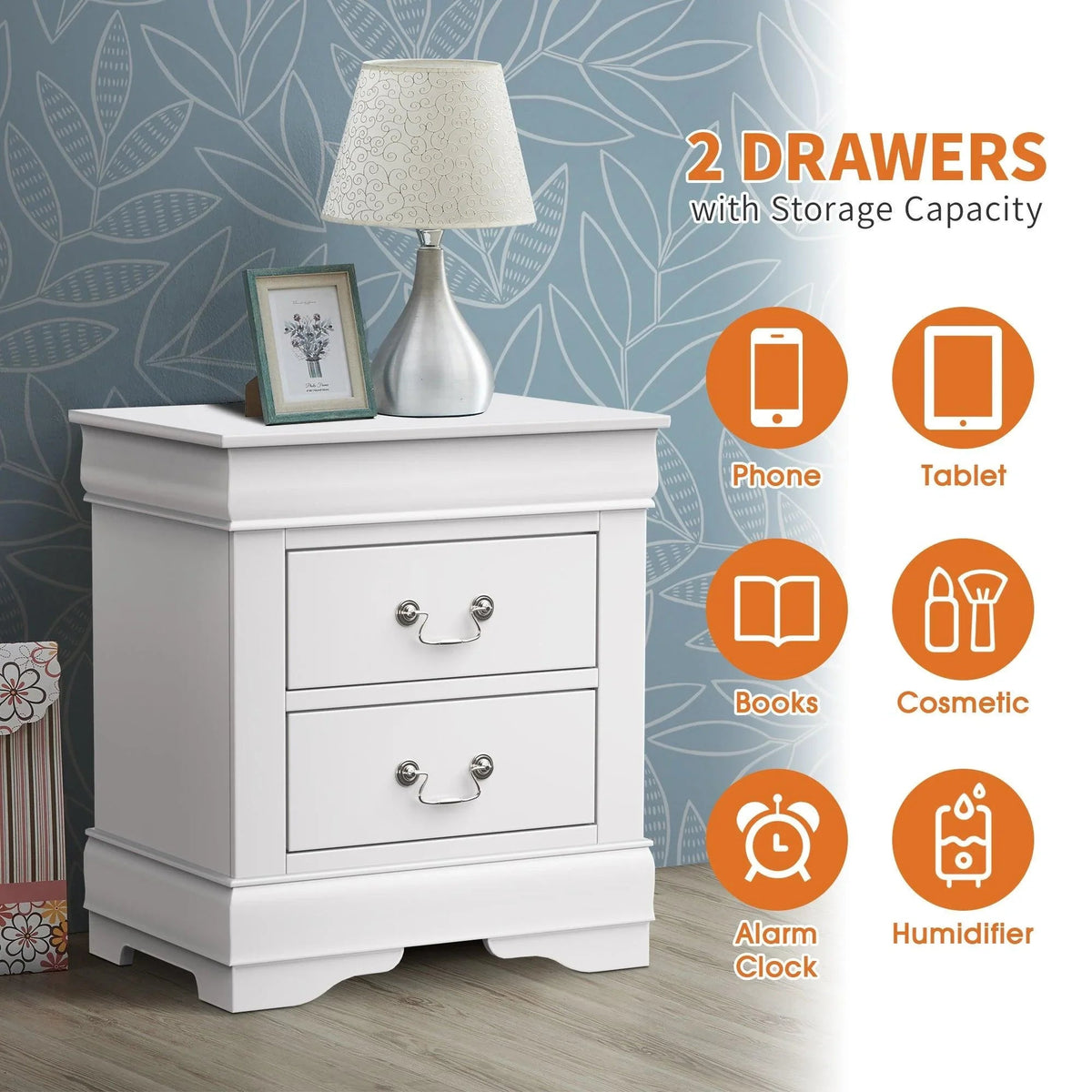 White night stand with two drawers and ornate metal handles