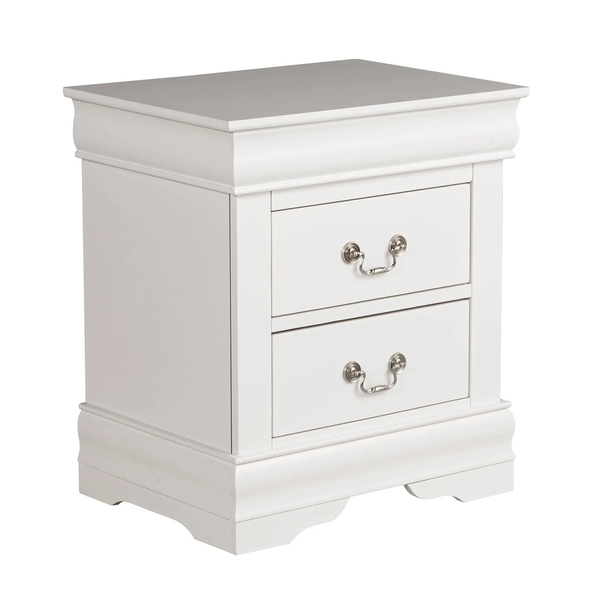 White night stand with two drawers and curved silver handles, paneled sides and trim