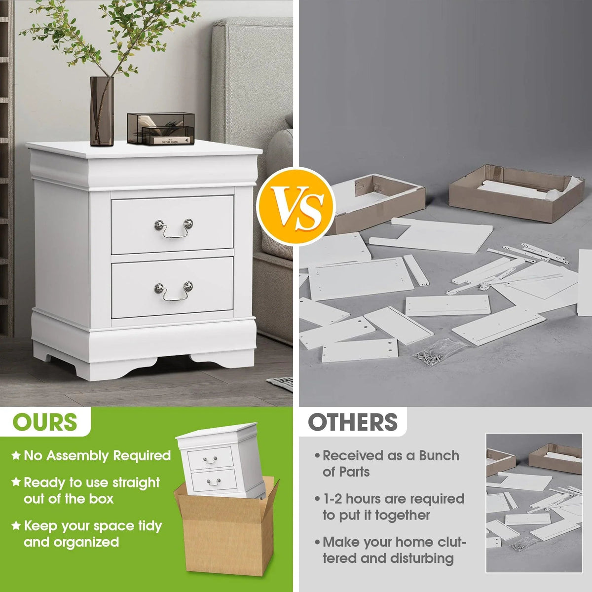 White two-drawer night stand with curved metal pulls and turned bracket-style feet.