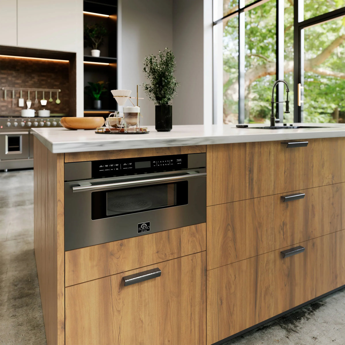 Forno Capoliveri 30-Inch 1.2 Cu.ft  Microwave Drawer in Stainless Steel shown in a styled kitchen