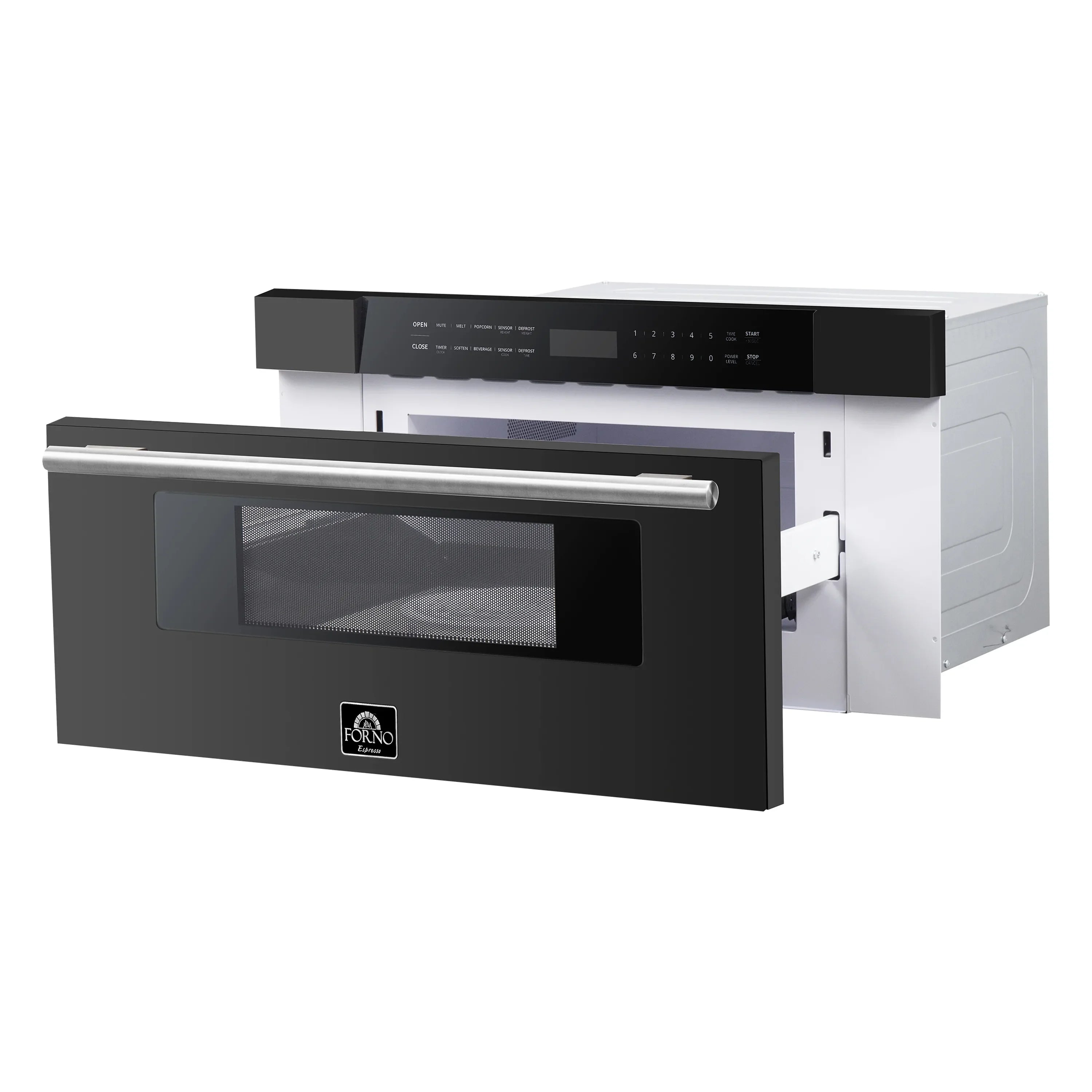 Black microwave drawer open to show interior and gold trim