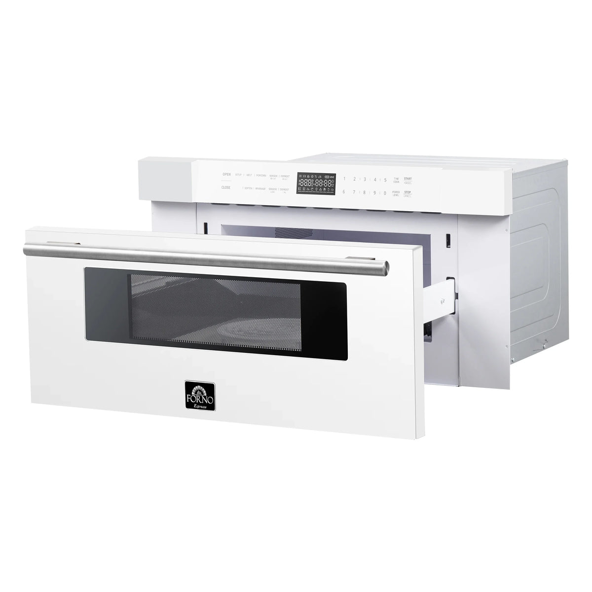 White microwave drawer with open door and antique brass bar handle