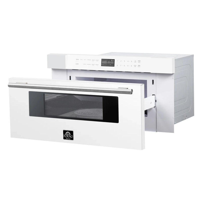 Forno Antico 5-Piece Appliance Package - 36-Inch Dual Fuel Range, 36-Inch Hood, 36-Inch Refrigerator, 24-Inch Dishwasher, & 30-Inch Microwave Drawer in White with Antique Brass Trim