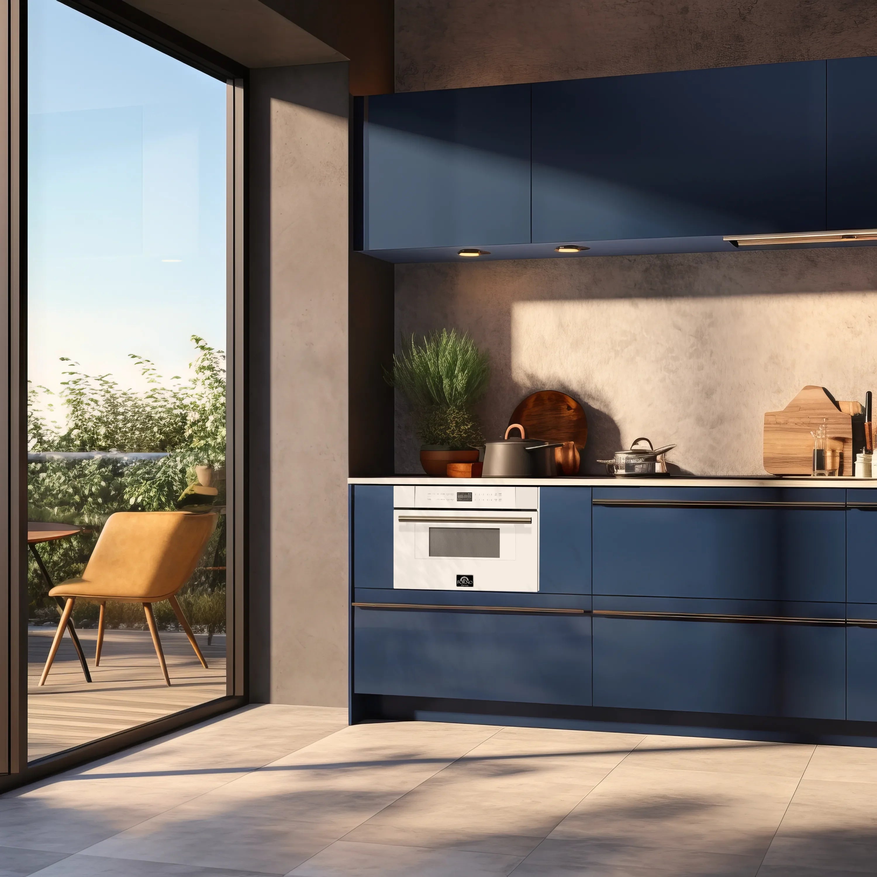 White built-in oven with dark window and brass-finish handle bar