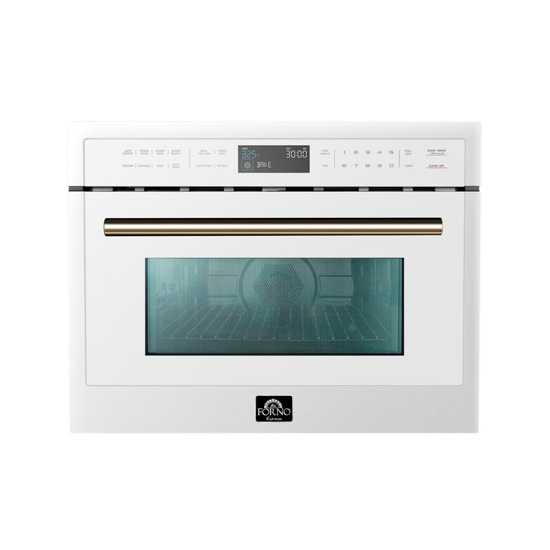 Forno 5-Piece Appliance Package - 30-Inch Electric Range, Under Cabinet Range Hood, Refrigerator with Water Dispenser, Dishwasher, and 30-Inch Microwave Drawer in White with Antique Brass Trim
