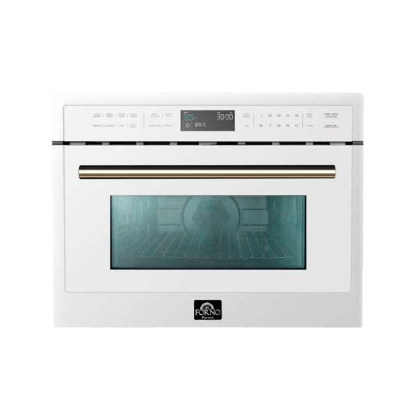 White microwave oven with black glass door and horizontal metal handle